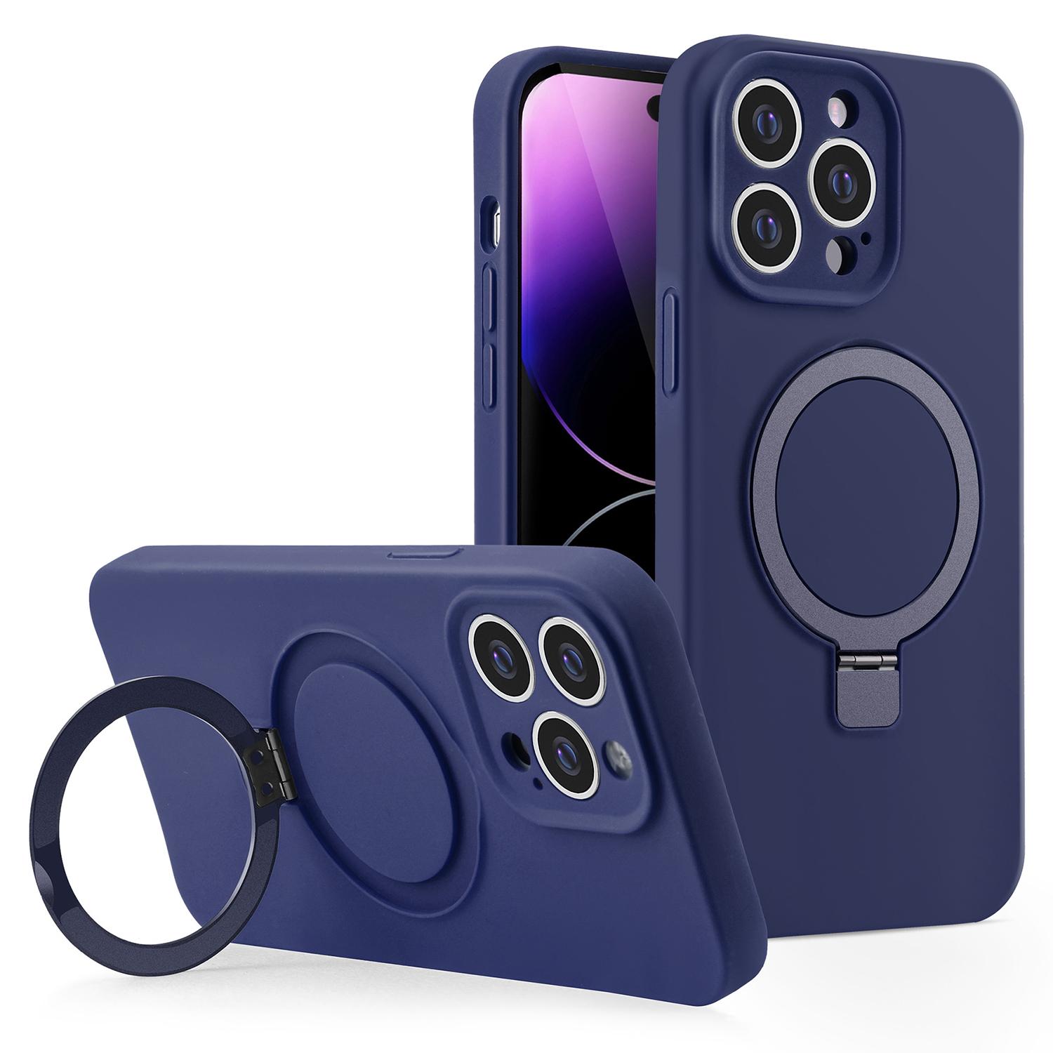 

For iPhone 15 Pro Max Magnetic Case Liquid Silicone Phone Cover Ring Magnetic Kickstand Midnight Blue