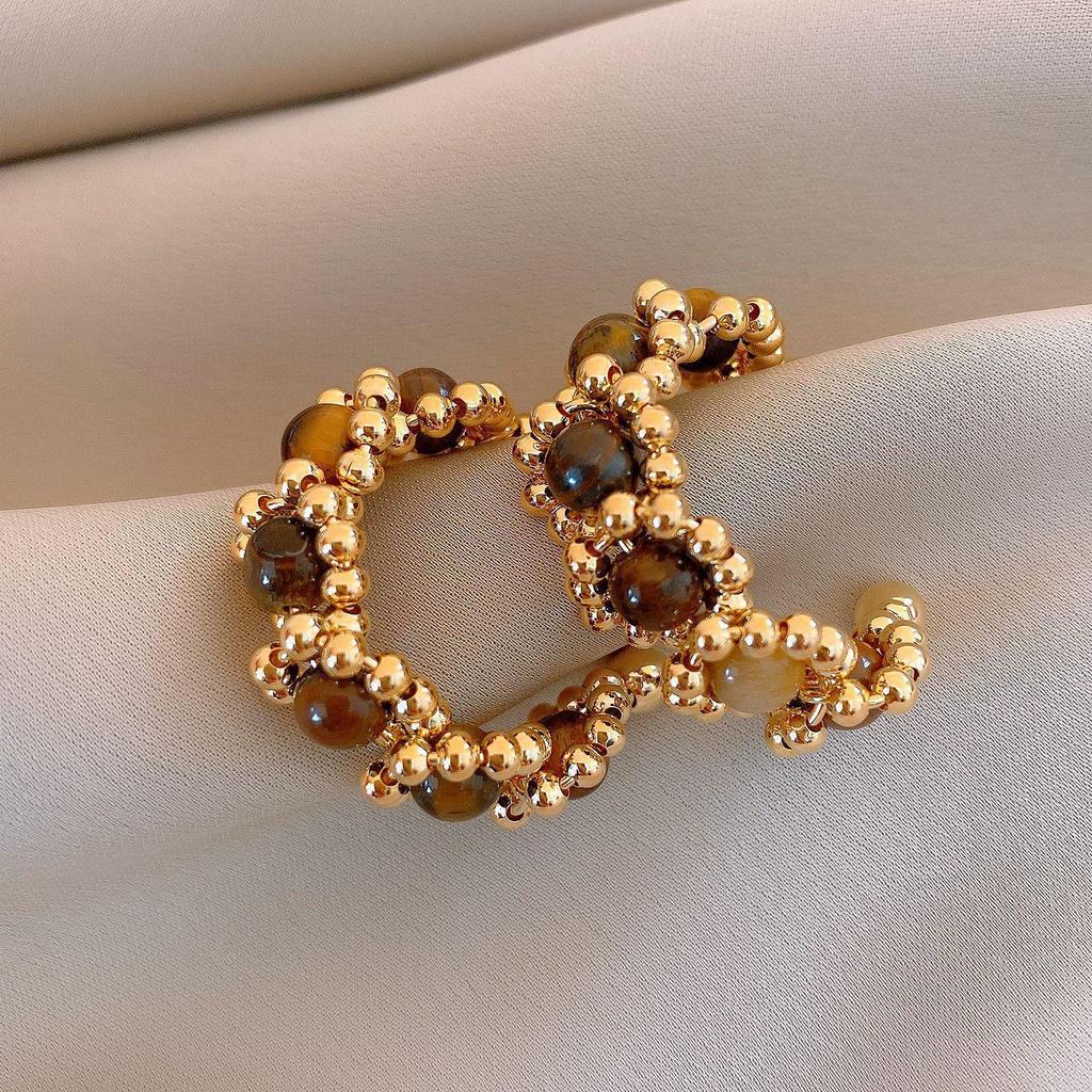 Geometric Tiger's Eye Stud Earrings, Retro Millard Style - Unique Design with Silver Needle 