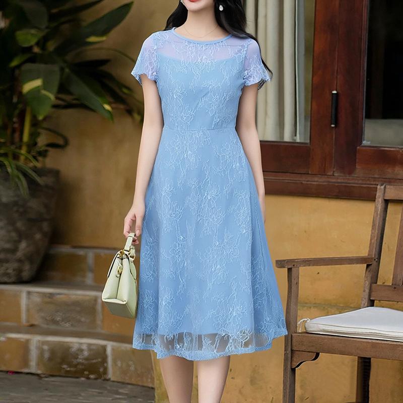 ZANZEA Women Casual Round Neck Summer Short Sleeve Lace Dress