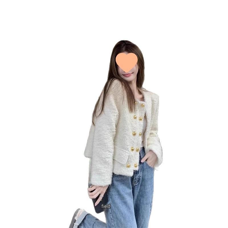 2025 Women's Chic Tweed Double-Breasted Long-Sleeve Coat for Petite (Autumn/Winter Collection)