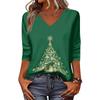Women's Christmas Print V-Neck Three-Quarter Sleeve Loose Fit Casual Shirt