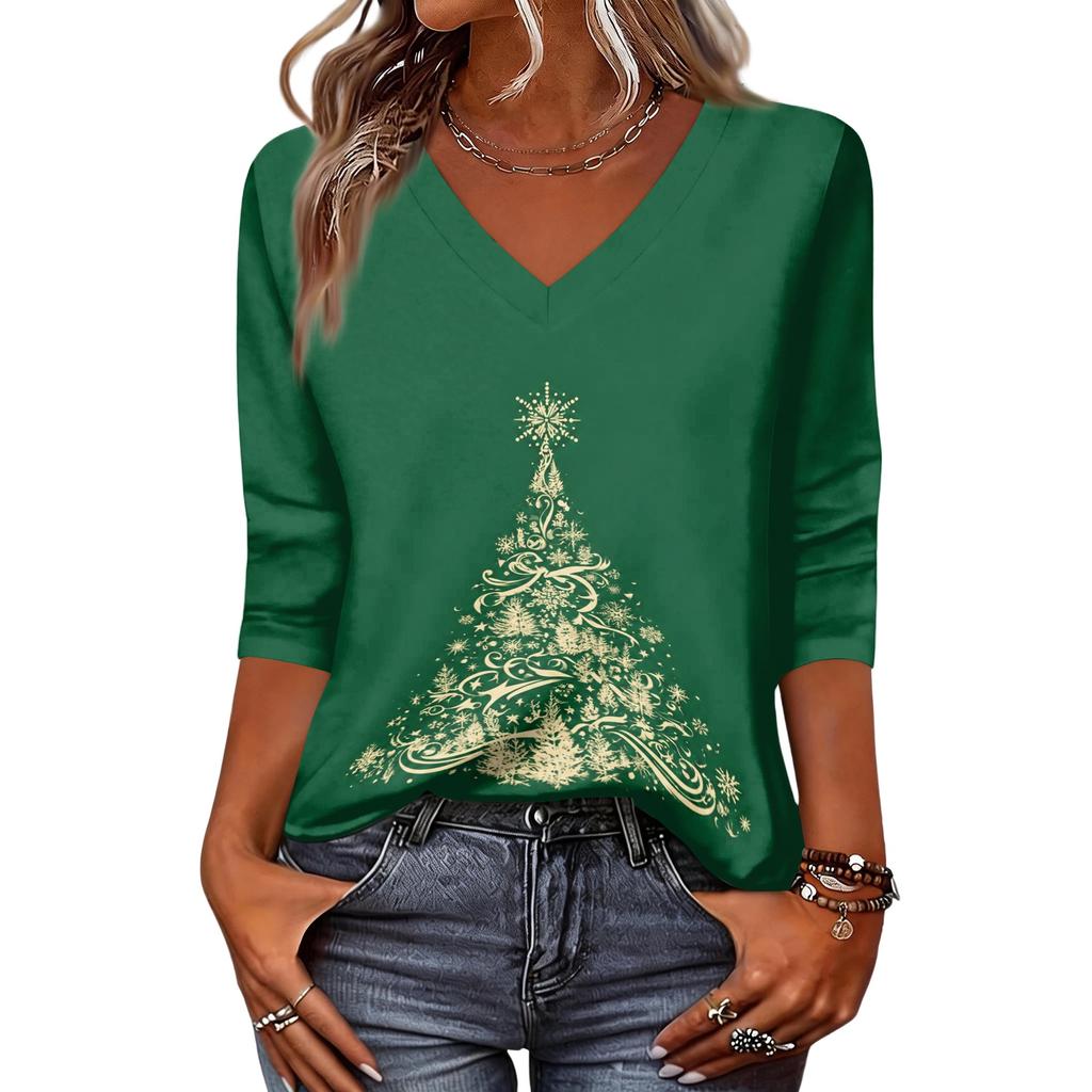 Women's Christmas Print V-Neck Three-Quarter Sleeve Loose Fit Casual Shirt