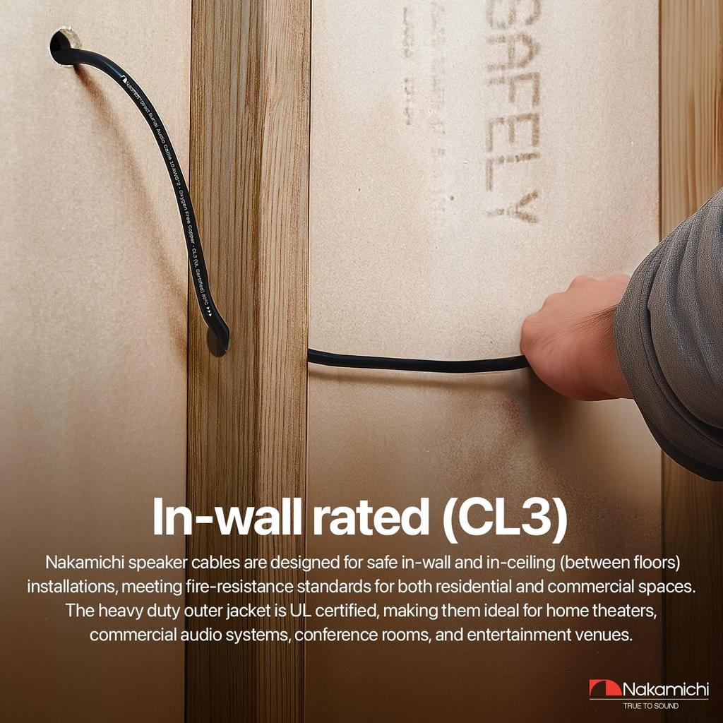 Nakamichi højttalerkabel OFC egnet til indendørs loft og udendørs direkte PVC audio sort 2-leder kabel, iltfrit kobber, CL2/CL3 kompatibel, ledningsføring,