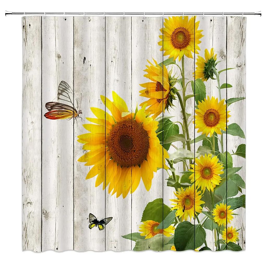 Farmhouse Rustic Shower Curtain Sunflower Autumn Floral Flower On Rural Barn Wooden Fabric Bathroom Curtains with Hooks Sets