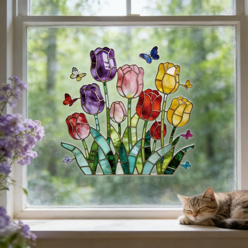 Waterproof Tulip Glass Stickers Self-adhesive Butterfly Wall Stickers Bedroom