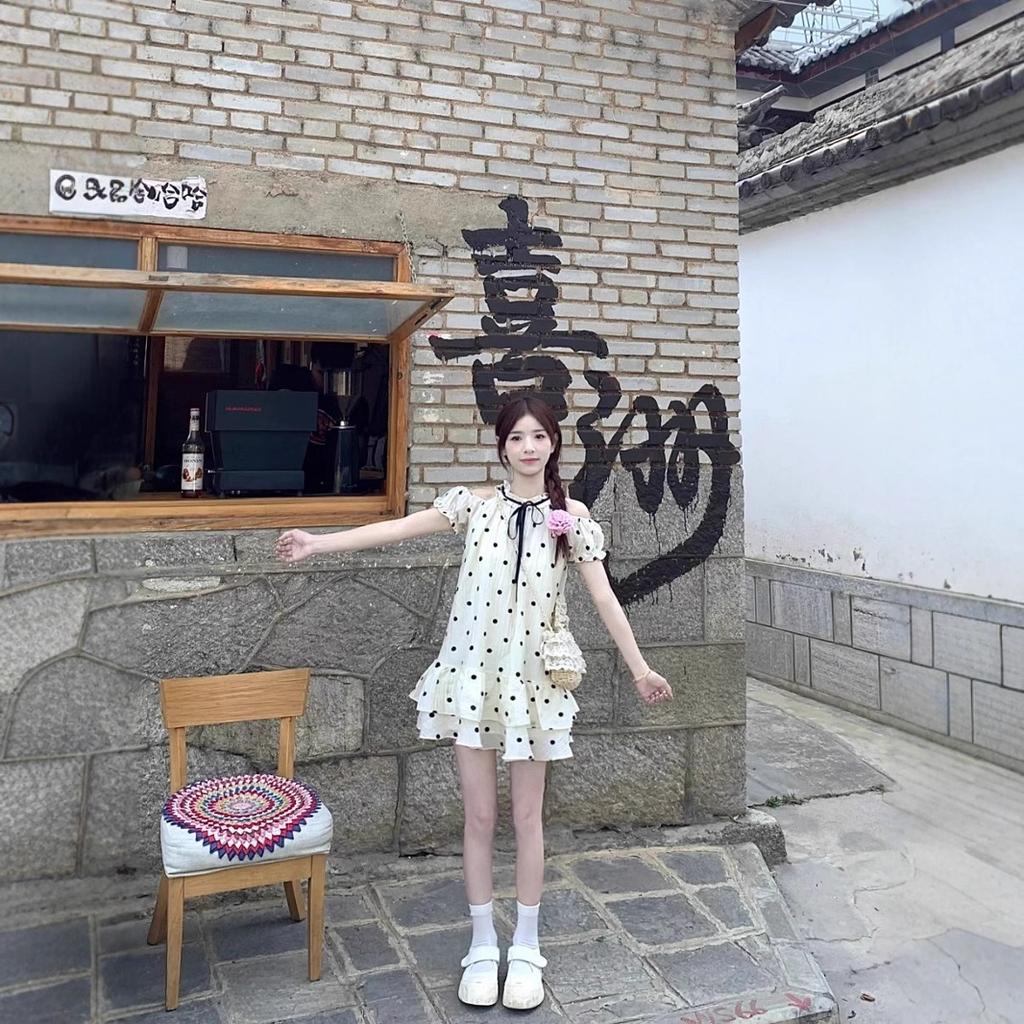 French Sweet Off-the-shoulder Polka Dot Dress Women's Summer New Small Temperament Fluffy Short Skirt Doll Skirt