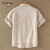 FAPAI Men's Summer Casual Stand Collar Short Sleeve Linen Blend Shirt