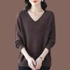 Women's V-neck Sweater Spring Autumn Long Sleeve Loose Soft Skin-friendly Knitted Top Rhinestone Knitted Pullover
