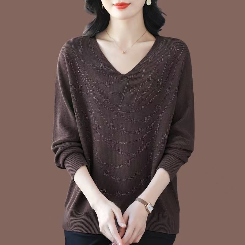 Maglione da donna con scollo a V Primavera Autunno Manica Lunga Ampio Morbido Delicato sulla Pelle Top a Maglia Pullover a Maglia con Strass