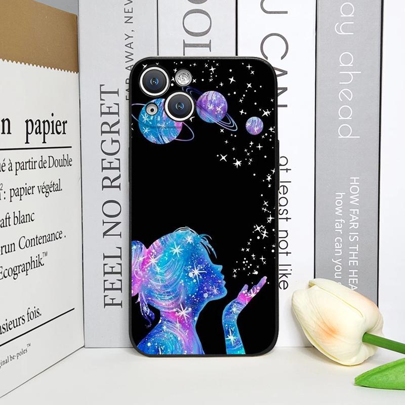 Creative Black Stardust Girl Pattern Phone Case for IPhone 17 16 12 11 14 Plus 13 14 15 Pro Max 12 13 Mini X XSMAX XR Soft Cover