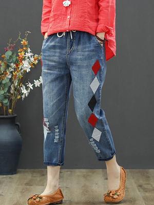 Damesborduurjeans Damesmode Vintage gescheurde denimbroek Losse gaten elastische harembroek