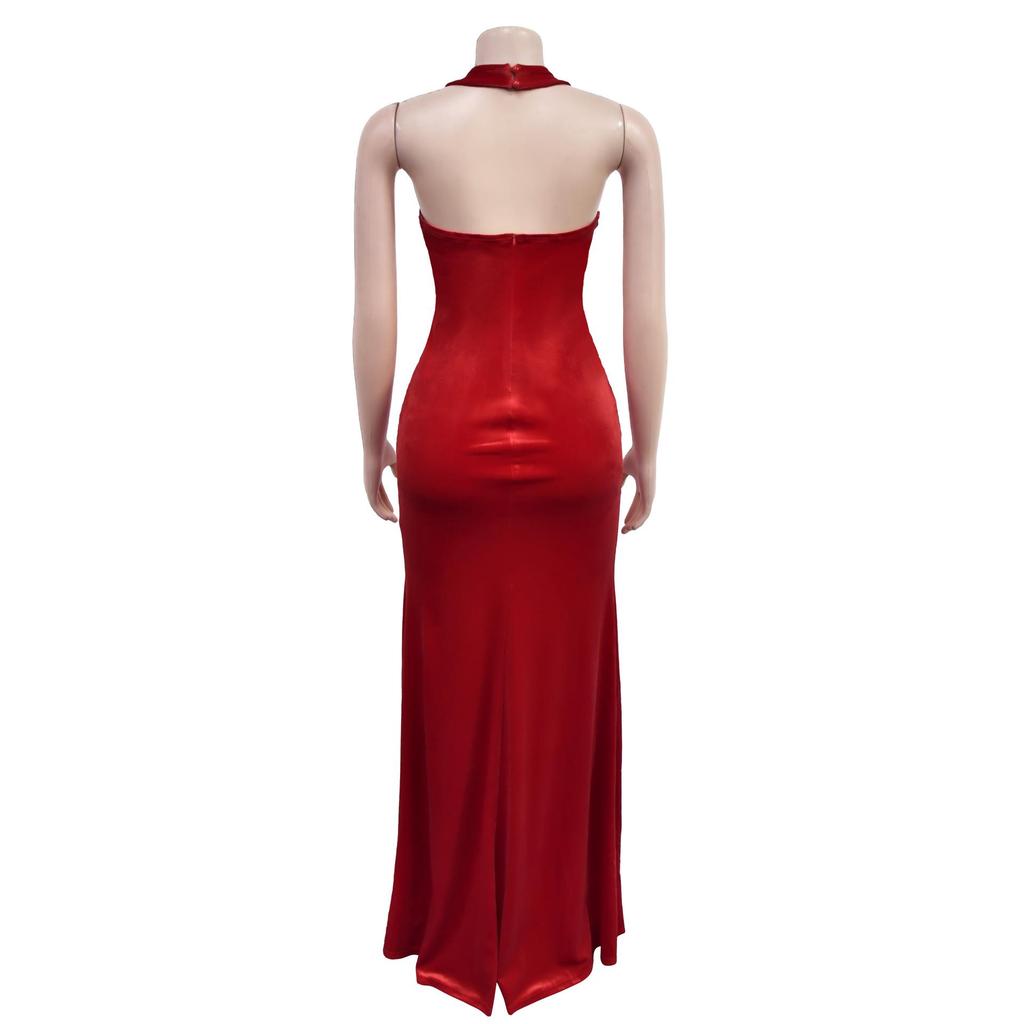 Women's Halter Backless Sexy Slit Long Dress - European and American Fashion