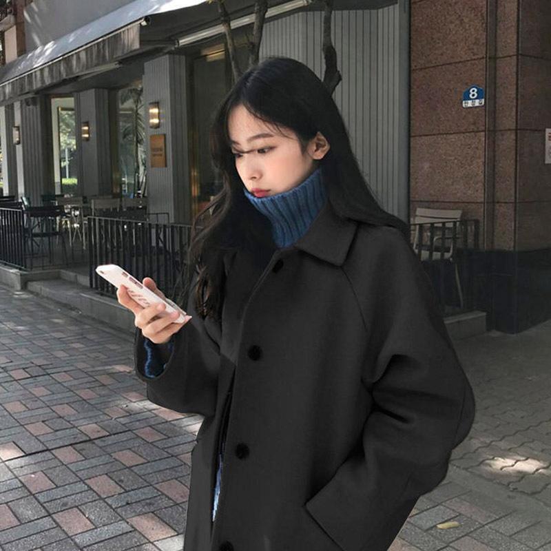 Women's Mid-Length Black Wool Coat - 2026 Autumn/Winter Korean Style, Loose Slimming Fit, Over-the-Knee Hepburn Style