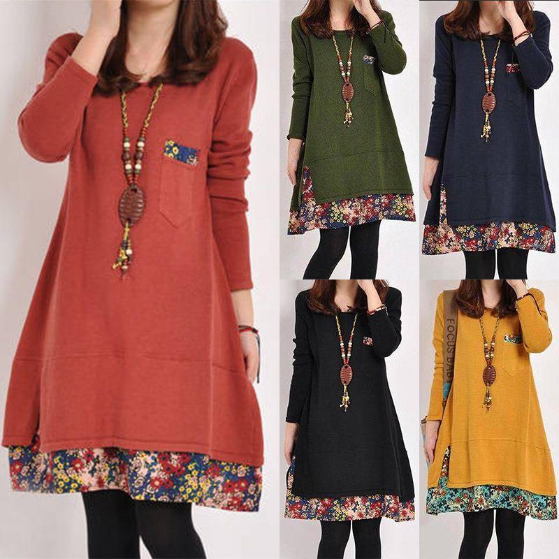 Cozy Women Fall Winter Floral Print Dress Long Sleeve Stylish Patchwork Jumper Top
