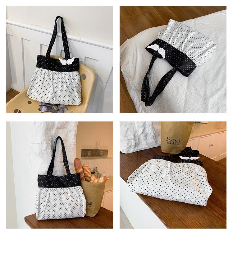 Korean Polka Dot Pleated Canvas Tote Bag - Women's Summer Sweet Style, Single Shoulder, Large Capacity