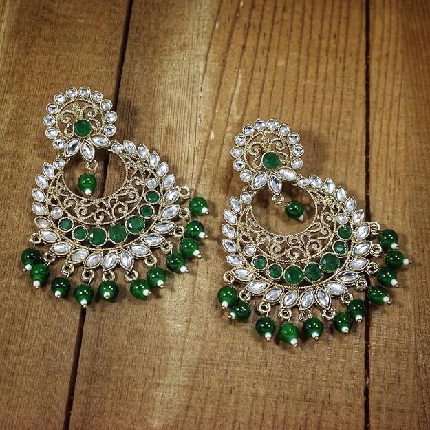 Traditional Gold Plated With Stunning Antique Finish Kundan & Pearl Chandbali Earrings for Women/Girls