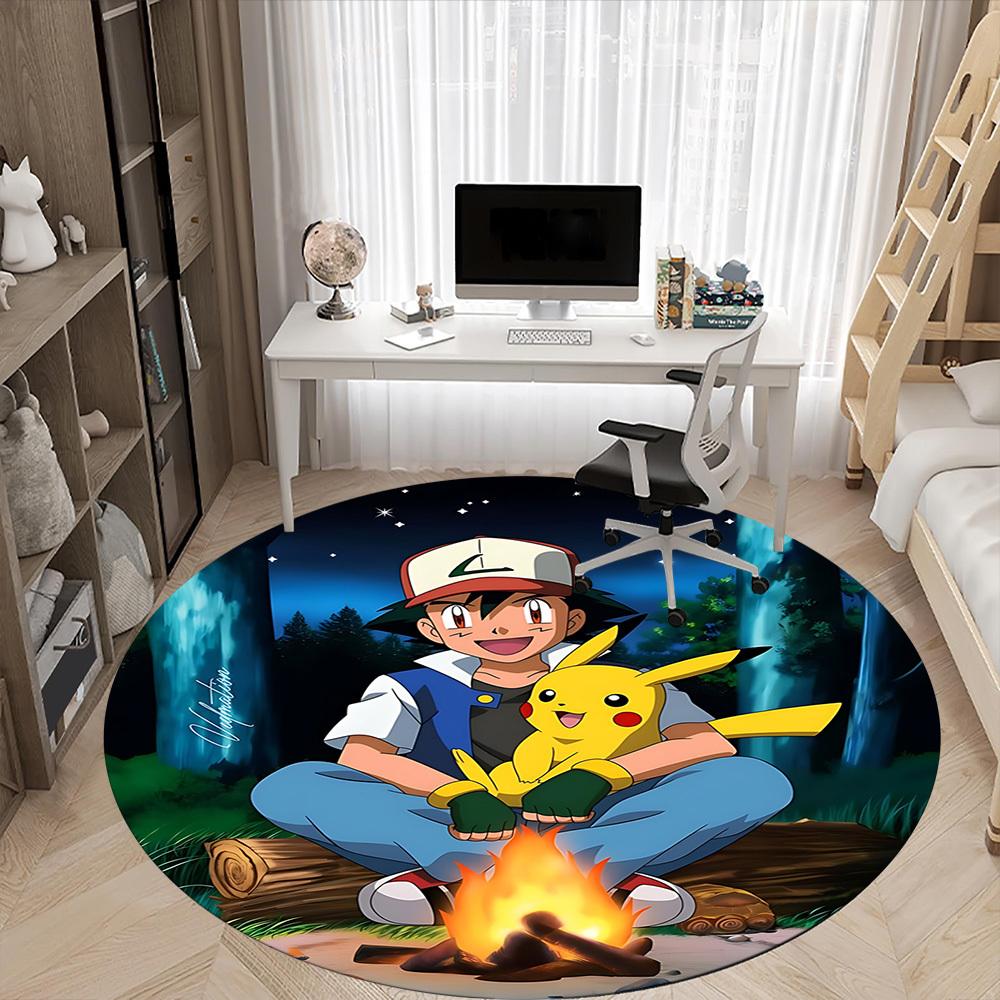 1pc Pokemon, Pikachu Chair Carpet for Office Non-Slip, Soft & Comfortable, Carpet for Office, Gaming, Lightweight Round Floor Mat