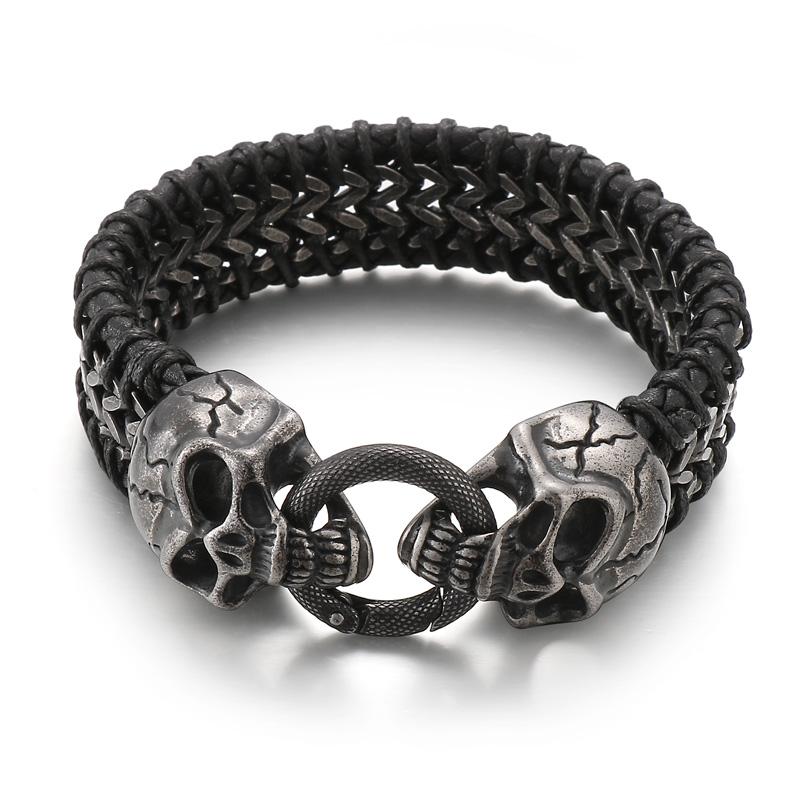 KALEN Punk Skull Fashion Jewelry Bracelets Stainless Steel Cowhide Leather Bracelet Bangle