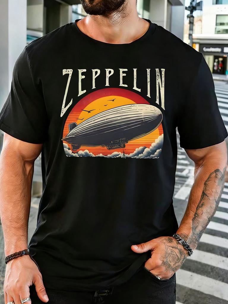 Unisex Crew Neck Tee Vintage Zeppelin Airship Sunset Art Print Short Sleeve Top Retro Rock Summer Outside Casual Daily Street Wear