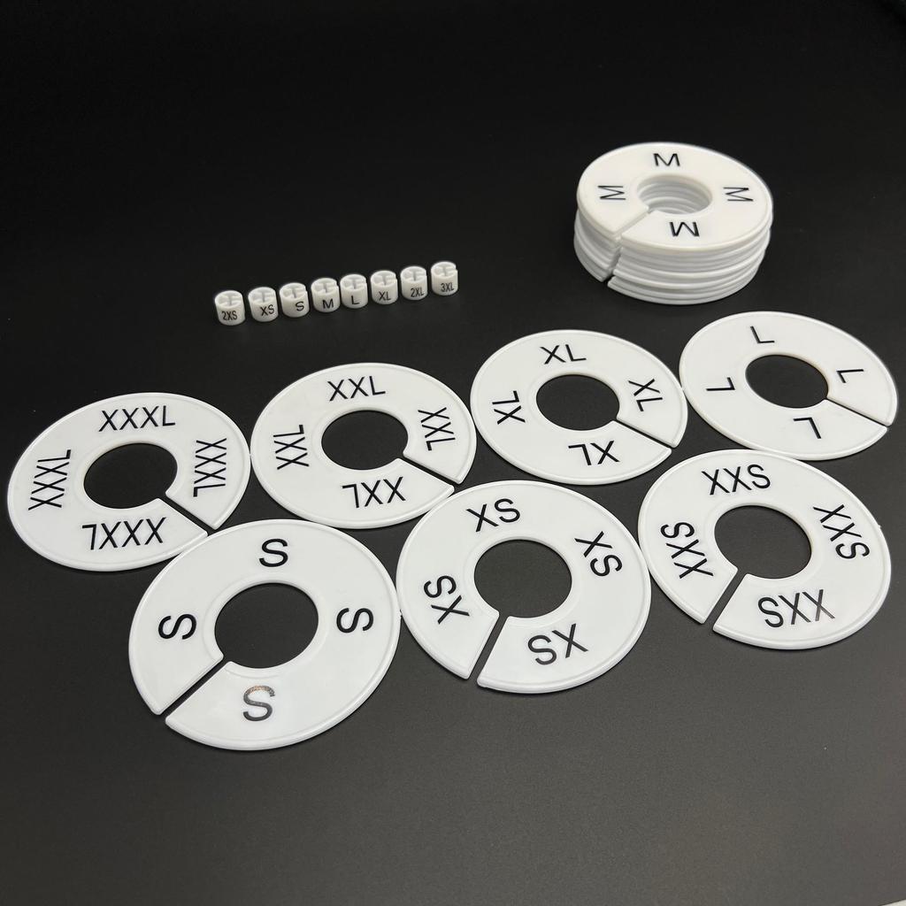 White Double-Sided Round Plastic Clothing Size Dividers with Printed Design for Closet Organization