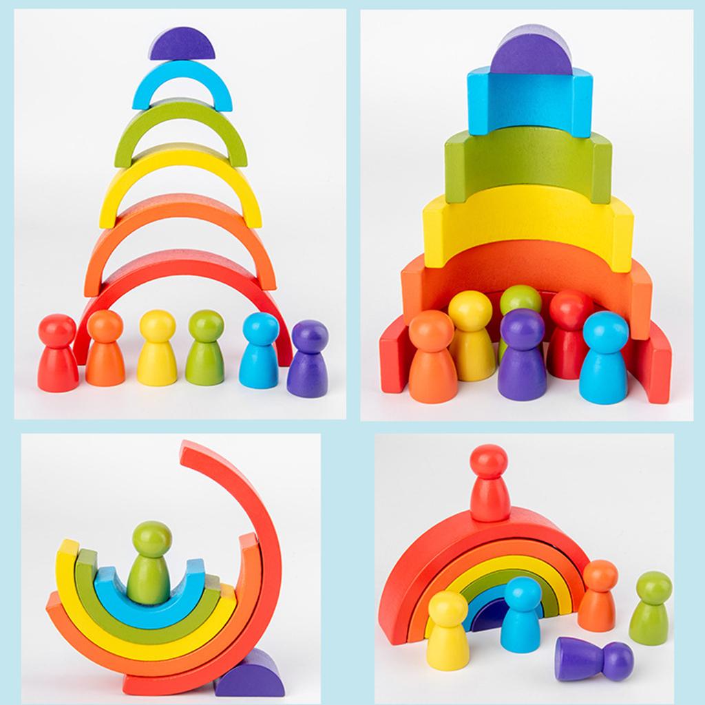 12Pcs Wooden Rainbow Stacking Blocks Fun Building Nesting Toys For Kids Boys