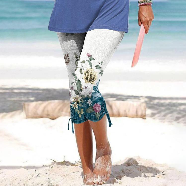 Women Summer Casual Cropped Trousers Skinny Leggings Elastic Waist Cycling Shorts Printed Vacation Pants