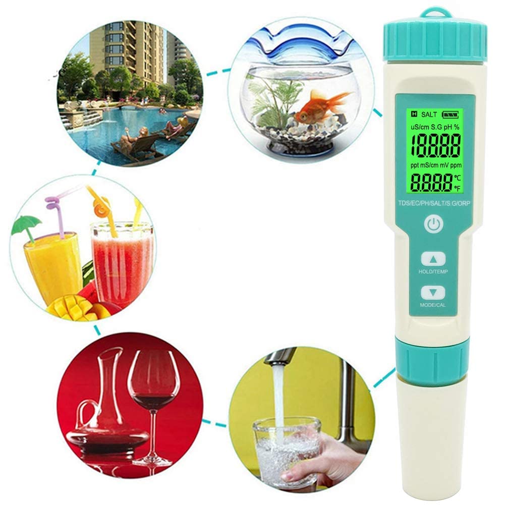 TDOFYH 7-in-1 Water Quality Tester pH/TDS/EC/ORP/S.G/Salinity/Temp, Replaceable Electrode, Backlit, for Aquariums, Drinking Water, Pools