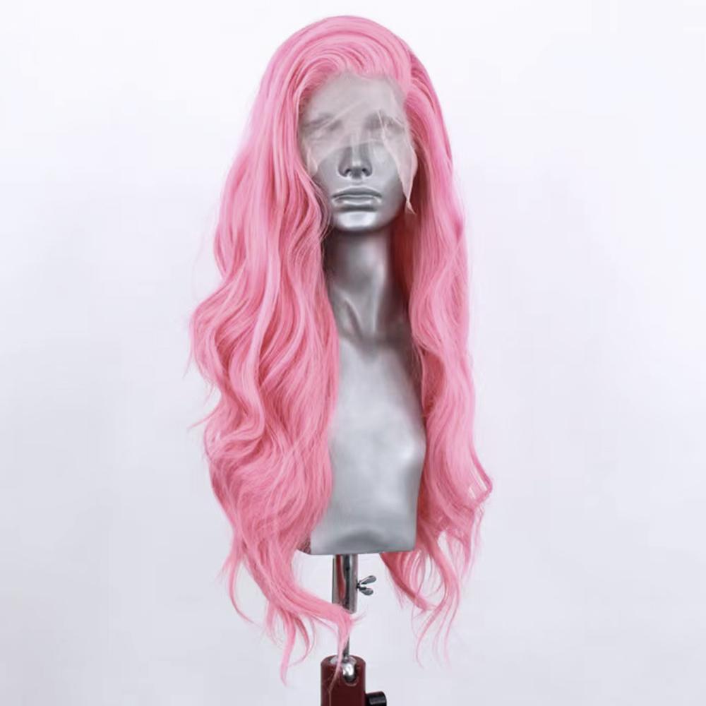 AIMEYA Pink Lace Wig Long Body Wave Side Part Synthetic Lace Front Wig Heat Resistant Synthetic Hair Daily Use Cosplay Wig