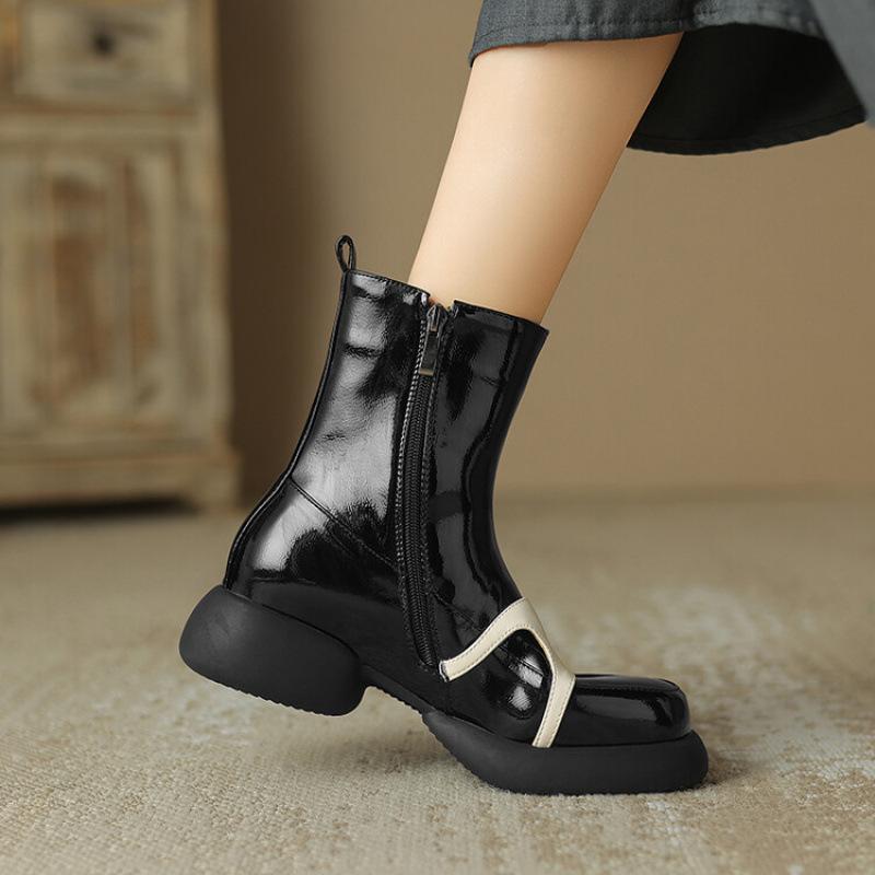 Autumn and Winter Women's Platform Fashion Boots Side Zipper Large Size Round Head Women's Boots New Rubber Sole Patent Leather Medium Boots Women