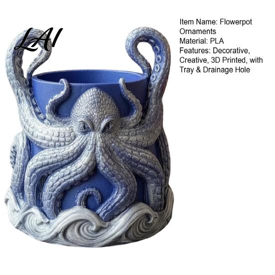 Fantasy Style Plant Container 3D Printed Octopus Planter with Tray Unique Marine-Inspired Succulents Pot Novelty Sea Monsters Decor Pot Drainage