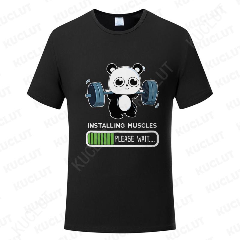 Funny Panda Gym Print T-Shirt Unisex Tees for Men Women O-neck Casual Short Sleeved Weightlifting Installing Muscles Basic Tops