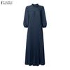 ZANZEA Womens Elegant High Neck Long Sleeve Loose Fit A Line Swing Pleated Maxi Dress