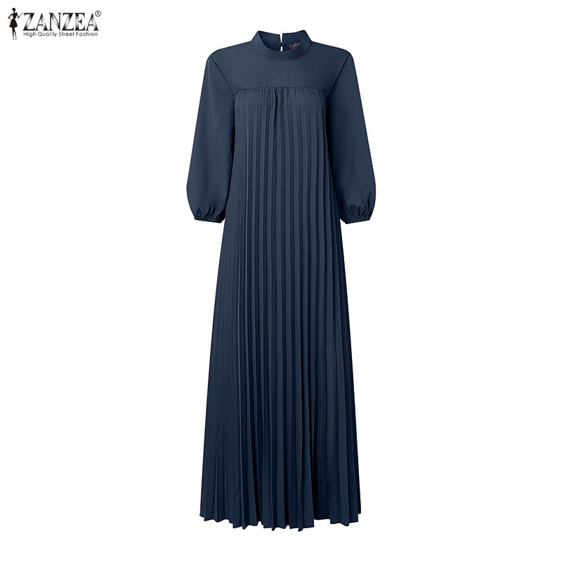 ZANZEA Womens Elegant High Neck Long Sleeve Loose Fit A Line Swing Pleated Maxi Dress