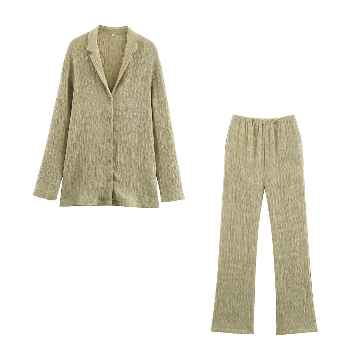 Cross-border women s clothing wholesale 2025 autumn new European and American style fashionable minimalist textured fabric shirt + pants set S