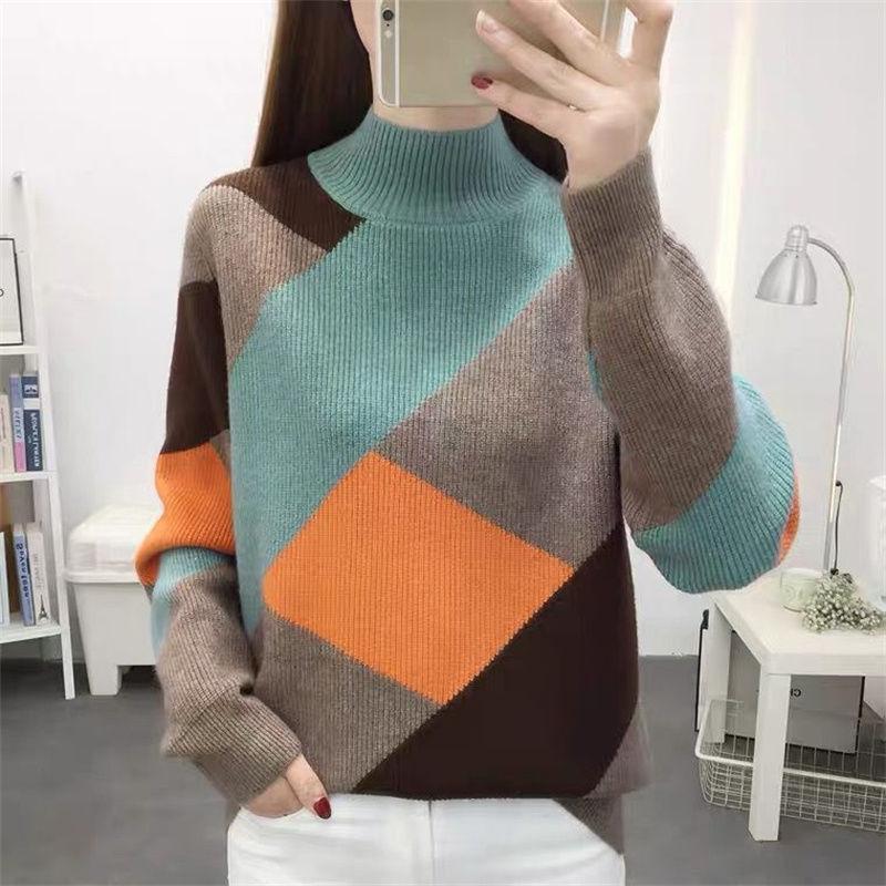 

Женский свитер с полуворотом, осенне-зимний свободный вязаный свитер, топ с цветными блоками, вязаный джемпер, верхняя одежда XXL синий