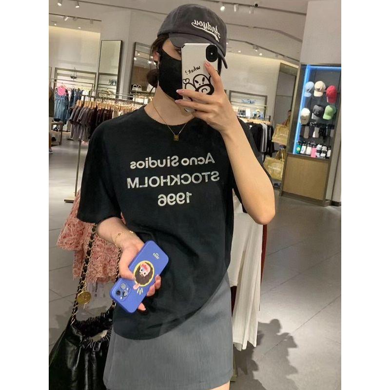 

Fashion 2024 Spring Clothing New Arrival Trendy Flocked Printed Letter Short-Sleeved Women s T-shirt Men s Loose Mid-Length Couple Same Style T Black M