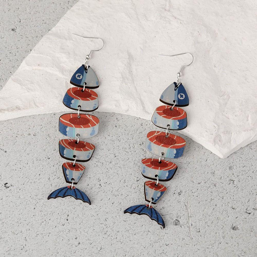 5Pairs Acrylic Wood Fish Drop Earrings Hook Piercing Beach Drop Earrings Salmon Fish Earrings  Women