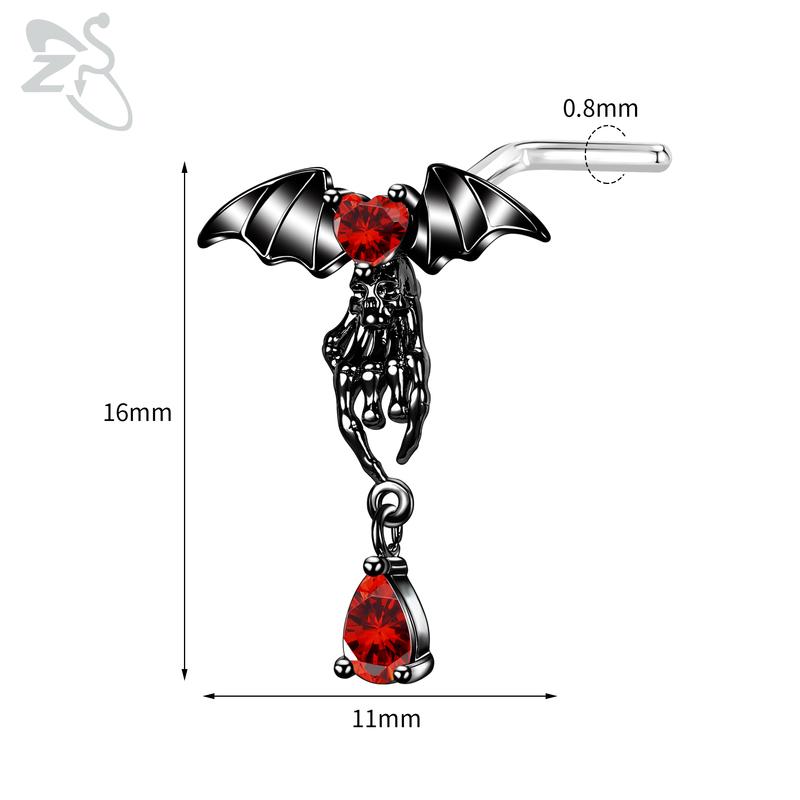 

ZS 1 шт. симпатичный пирсинг для носа с кристаллами CZ 20 г L-образный из нержавеющей стали в форме панка черного цвета, пирсинг ноздри в виде паука и летучей мыши Style 13