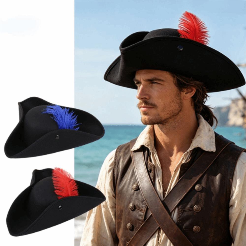 Wide Brim Tricorn Hat Classic Retro Pirate Headwear Pirate Feathers Hat Role-Play Activities
