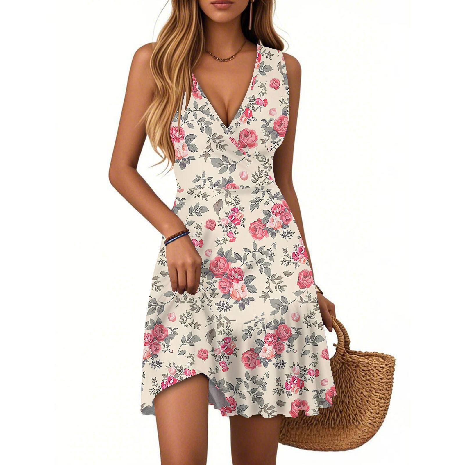

Женское платье с V-образным вырезом, без рукавов, повседневное, с цветочным принтом, плиссированное платье XL розовый