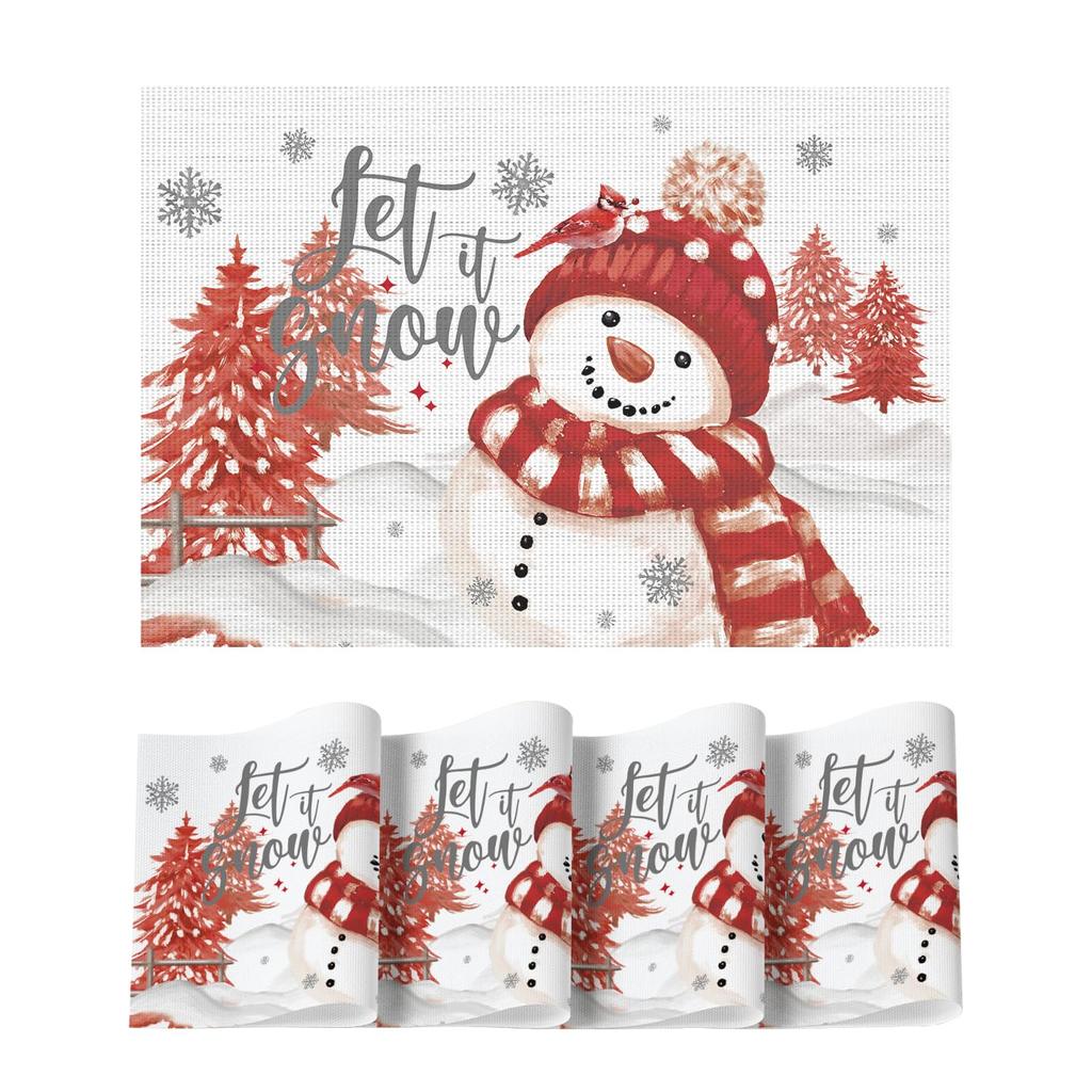 Snowman Vinyl Christmas Placemats Set of 4, 12x18 Inch Washable Plastic Non-Slip Winter Table Mats for Party Kitchen Dining Decor