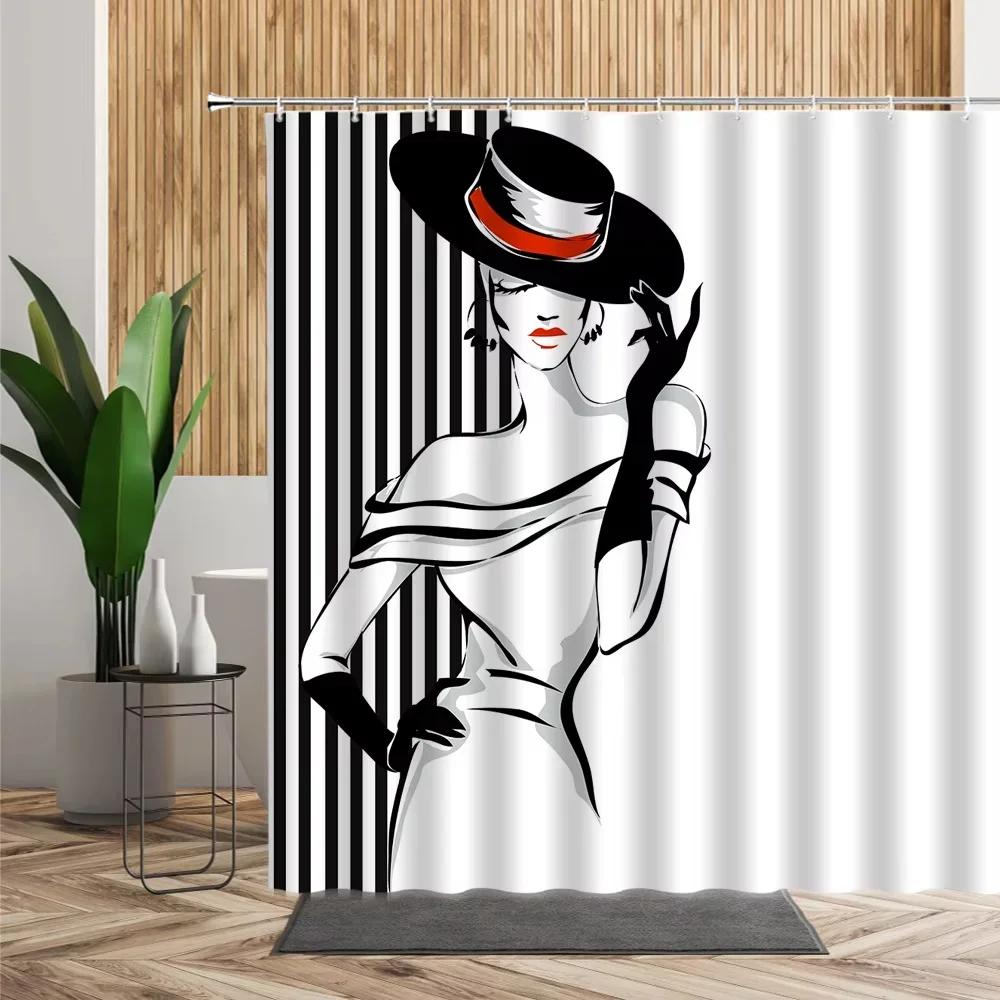 Fashion Girl Pattern Shower Curtain Black White Stripe Bathroom Decor Accessories American Style Bath Curtains Waterproof Cloth