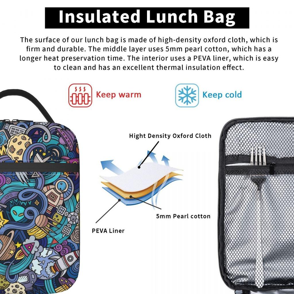Colour Alien Rocket Spaceship Pattern Insulated Lunch Bag for Women Children Portable Food Boxes Thermal Lunch Box Tote