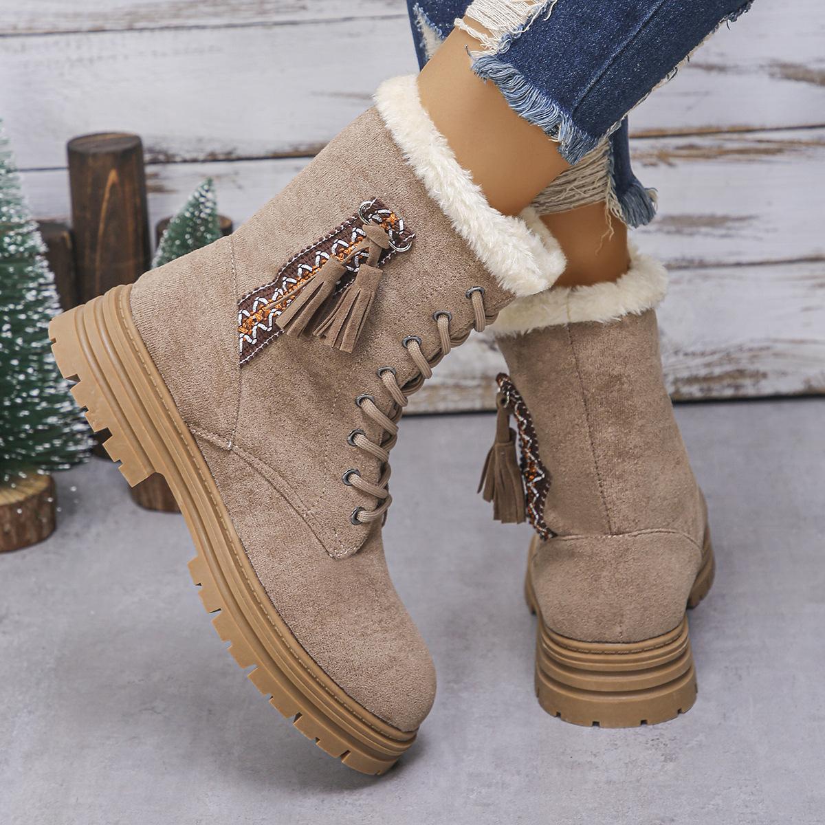 

Anti-slip Fringe Decor Short Plush Women s Snow Boots Lace Up Bohemian Winter Warm Short Fur Boots Bottes Femmes Thick Bottom 42 хакі