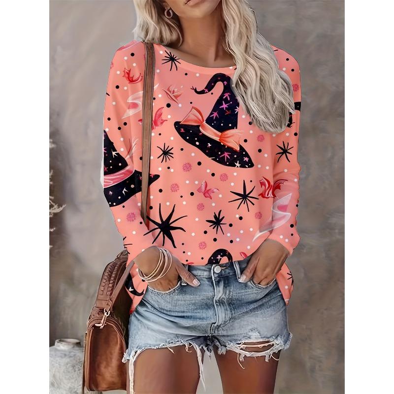 Ladies Autumn and Winter Halloween Funny 3D Printed Crew Neck Long Sleeve T-Shirt Comfortable Fashion Breathable