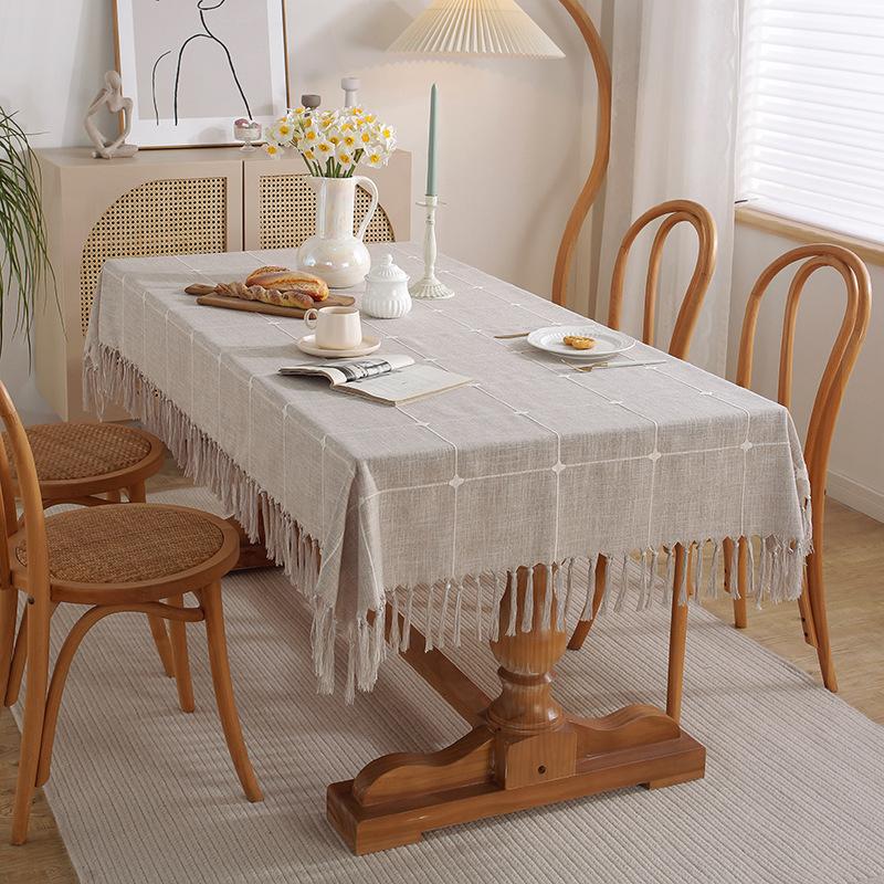 Simple Fabric Plaid Tablecloth Hand-Torn Tassel Imitation Cotton And Linen Dust-Proof Dining Table Mat Decorative Tablecloth Cover Towel