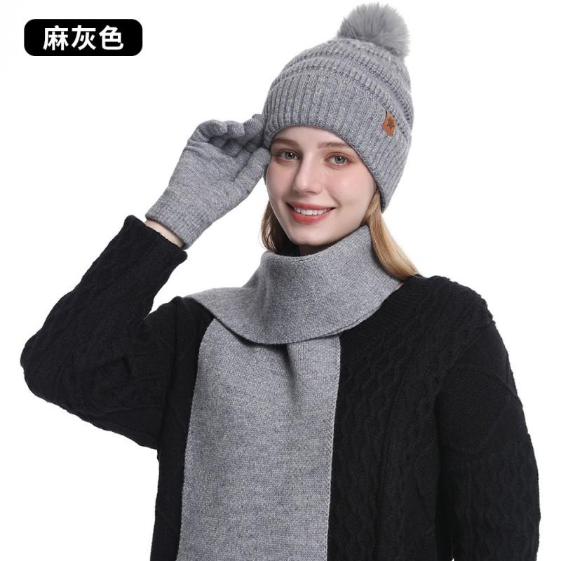 Womens Double-Layer Warm Knit Beanie Hat Scarf Gloves Set Alpaca Blend Winter Accessory Kit