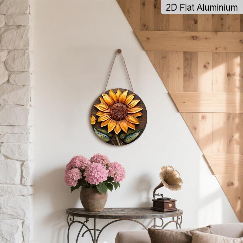 2D Flat Aluminum 7.87 Inch X 7.87 Inch Sunflower Pattern Wall Decoration, Rustic Style, Suitable for Gardens, Farmhouses, Cafes, Living Rooms