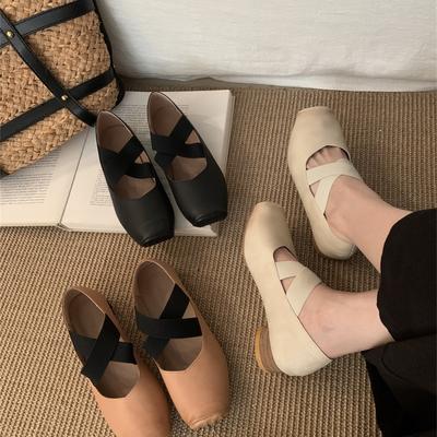 Leather Mary Jane Women's 2025 New Cross-band Pleated Square Head Retro Thick Heel Ballet Shoes Outer Single Shoes