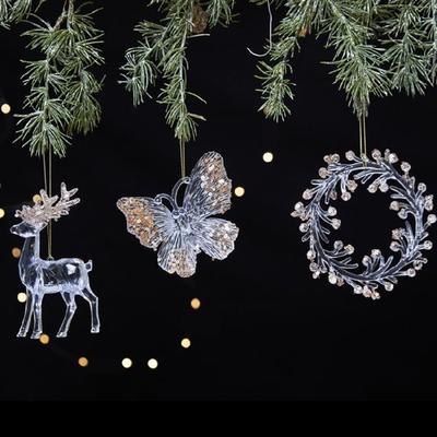 Effizienter Klarer Acryl-Weihnachtsbaumschmuck mit Hirsch-Schneeflocken-Glitzer-Design Nachhaltige Feiertagsdekoration